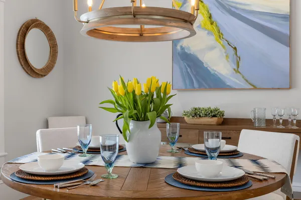 a view of a dining room with furniture