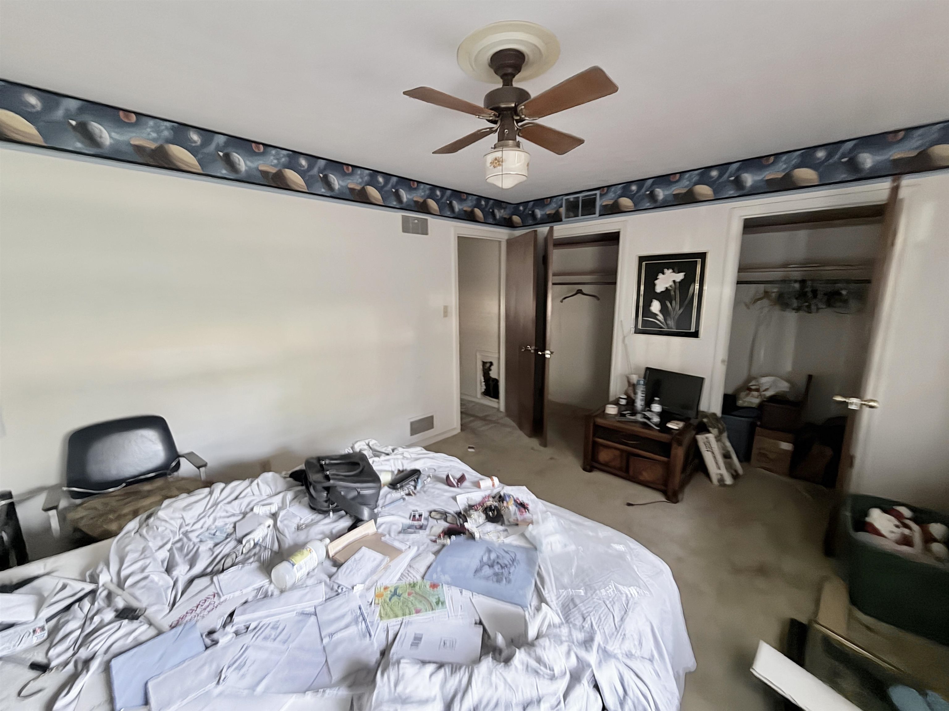 5536 Cottonwood Road Memphis, TN 38115 - Photo 17 of 28 Carpeted room featuring a ceiling fan with light fixture, decorative border wallpaper, and two wardrobe closets with bi-fold doors