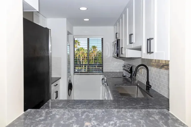 a view of a sink and cabinets with a potted plant