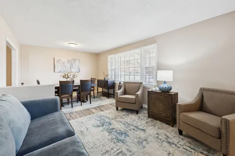 a living room with furniture potted plant and a window