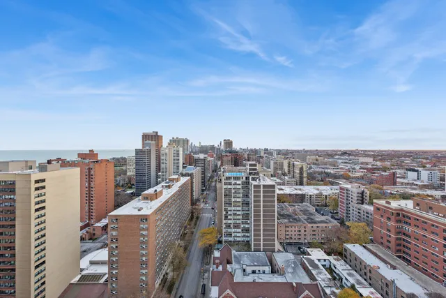 a view of a city with tall buildings