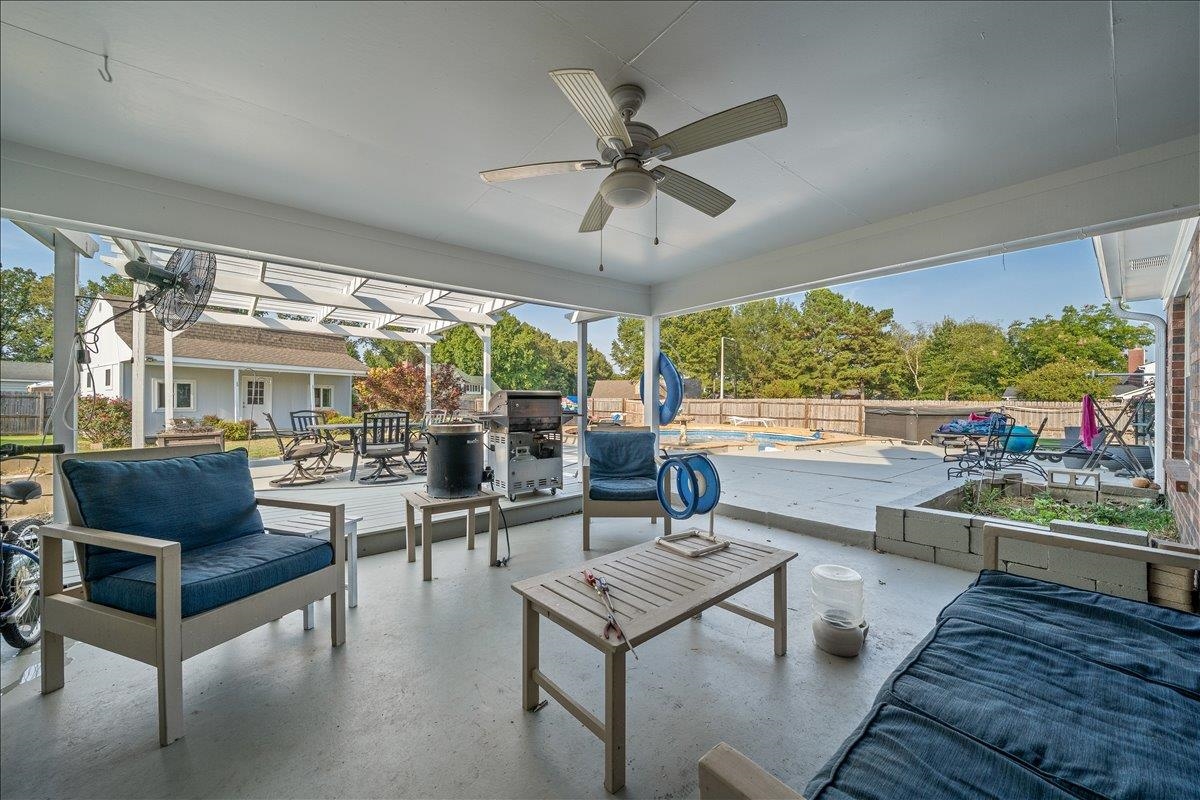 6870 Deerfield Road Bartlett, TN 38135 - Photo 23 of 28 View of patio with an outdoor pool, area for grilling, ceiling fan, and an outdoor living space