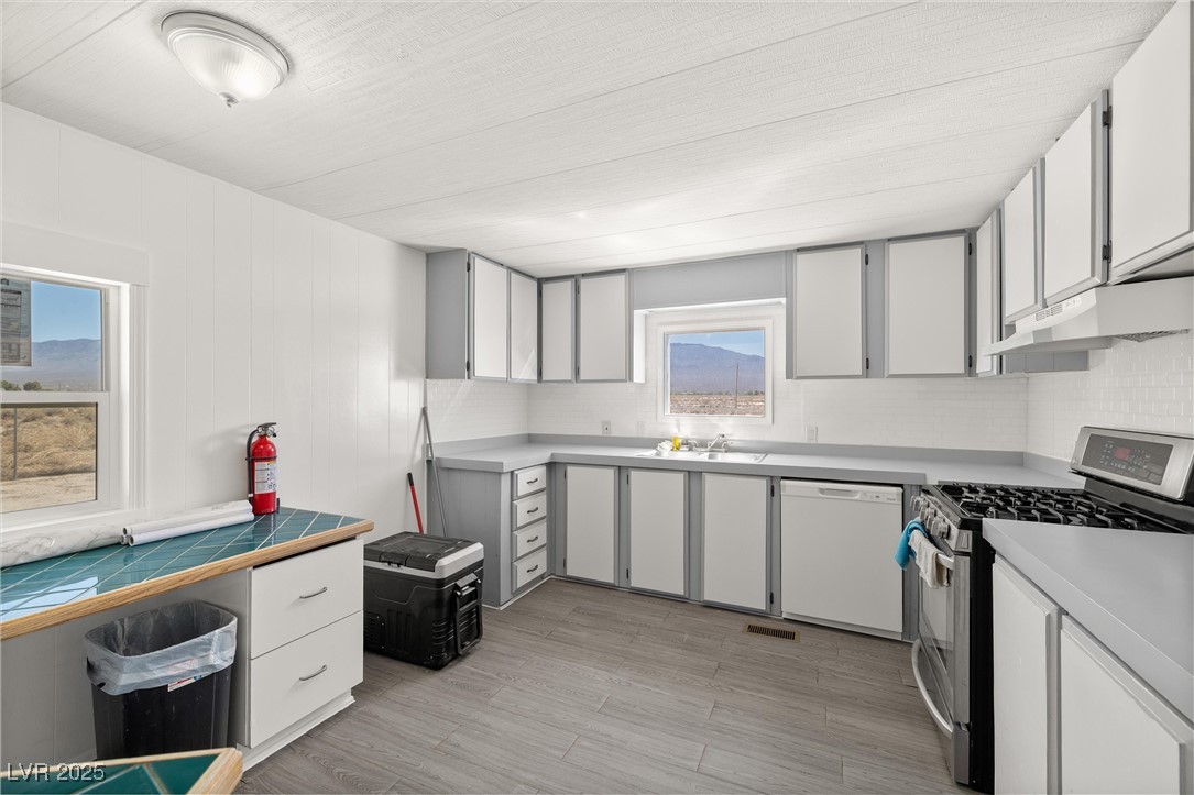 2150 West Harris Farm Road Pahrump, NV 89060 - Photo 15 of 33 Kitchen featuring white dishwasher, stainless steel range with gas stovetop, healthy amount of natural light, and under cabinet range hood