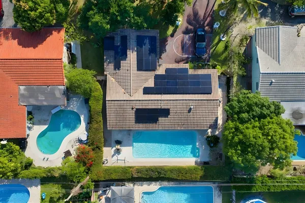 a view of a swimming pool with a yard