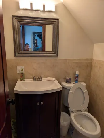 a bathroom with a toilet a sink and mirror