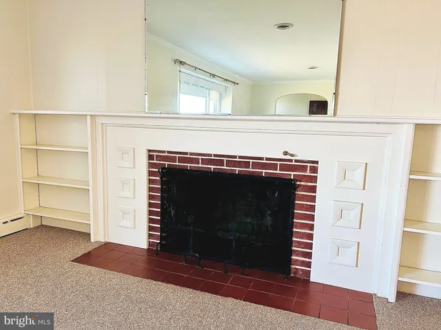 a close view of fireplace and a utility room with closet