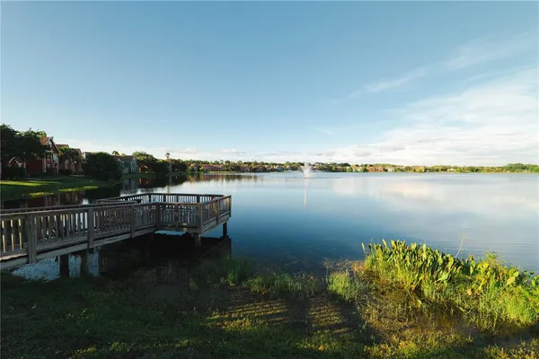 a view of a lake with a garden