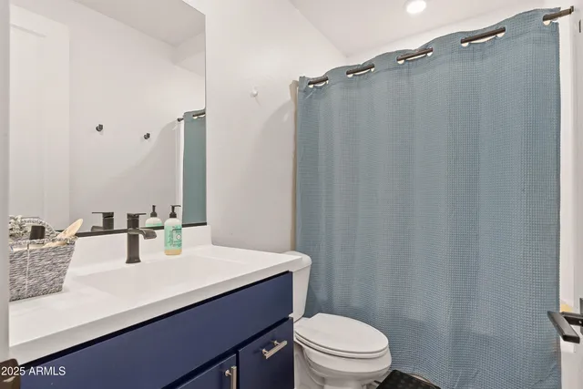 a bathroom with a sink a toilet a mirror and shower curtain