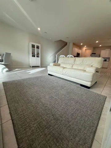 a large room with a bed