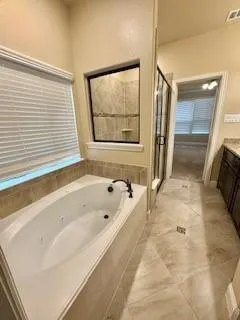 a bathroom with a tub a double vanity sink and a large mirror