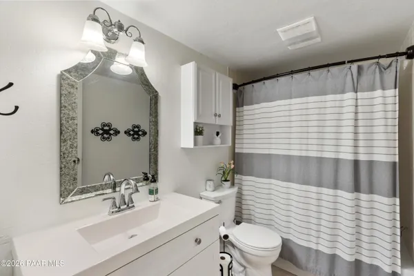a bathroom with a sink a toilet and shower curtain