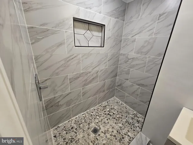 a bathroom with a shower and a toilet