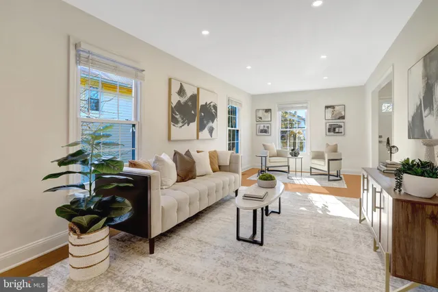 a living room with furniture and a potted plant
