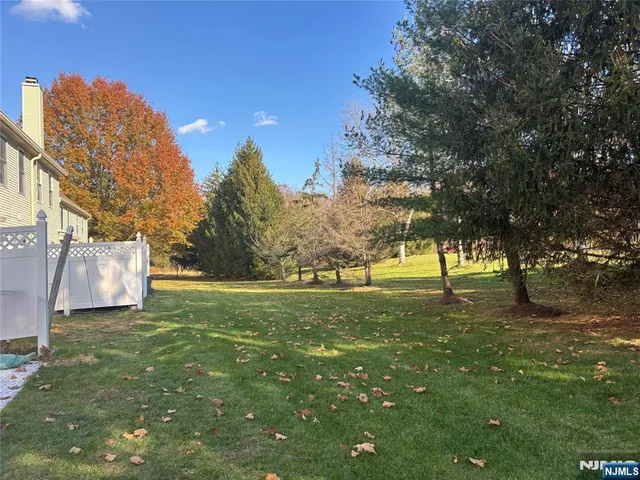 a view of a field with large trees