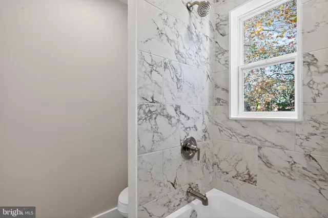 a bathroom with a shower and a toilet