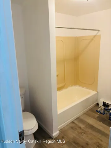 a bathroom with a shower and a toilet