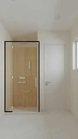 a bathroom with a glass door