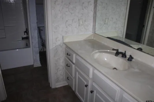 a bathroom with a sink and a mirror