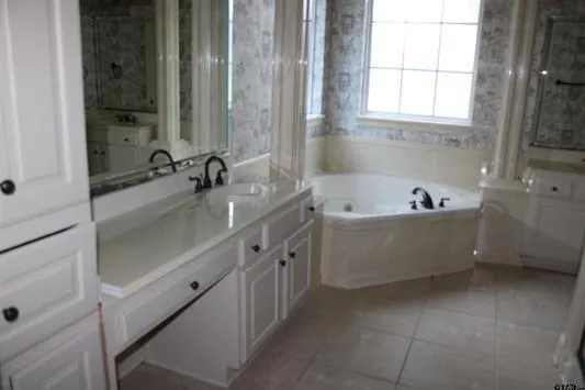 a bathroom with a tub sink and mirror