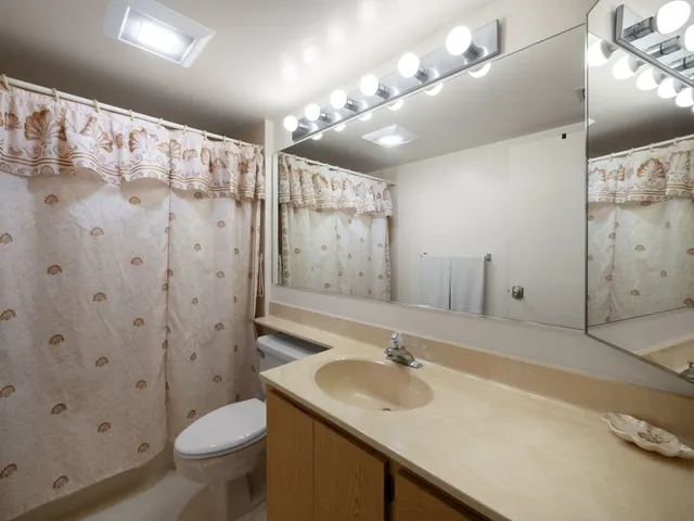 a bathroom with a sink toilet double vanity and shower