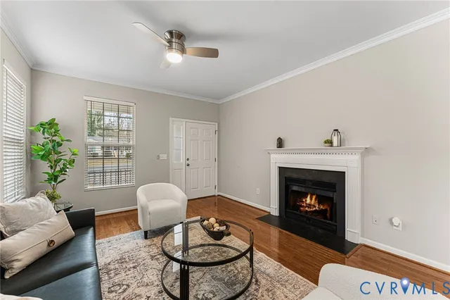a living room with furniture a rug and a fireplace
