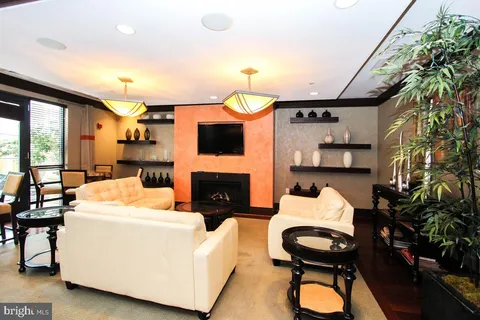 a living room with furniture a fireplace and a potted plant