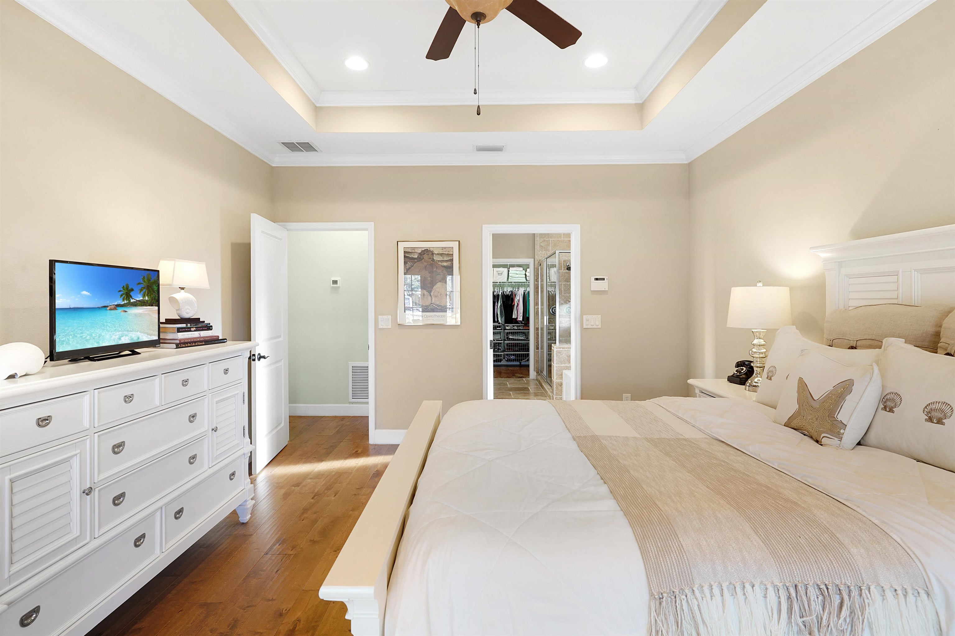 248 Pizarro Road St. Augustine, FL 32080 - Photo 25 of 53 Bedroom featuring a walk in closet, a raised ceiling, dark wood-style floors, crown molding, and ceiling fan
