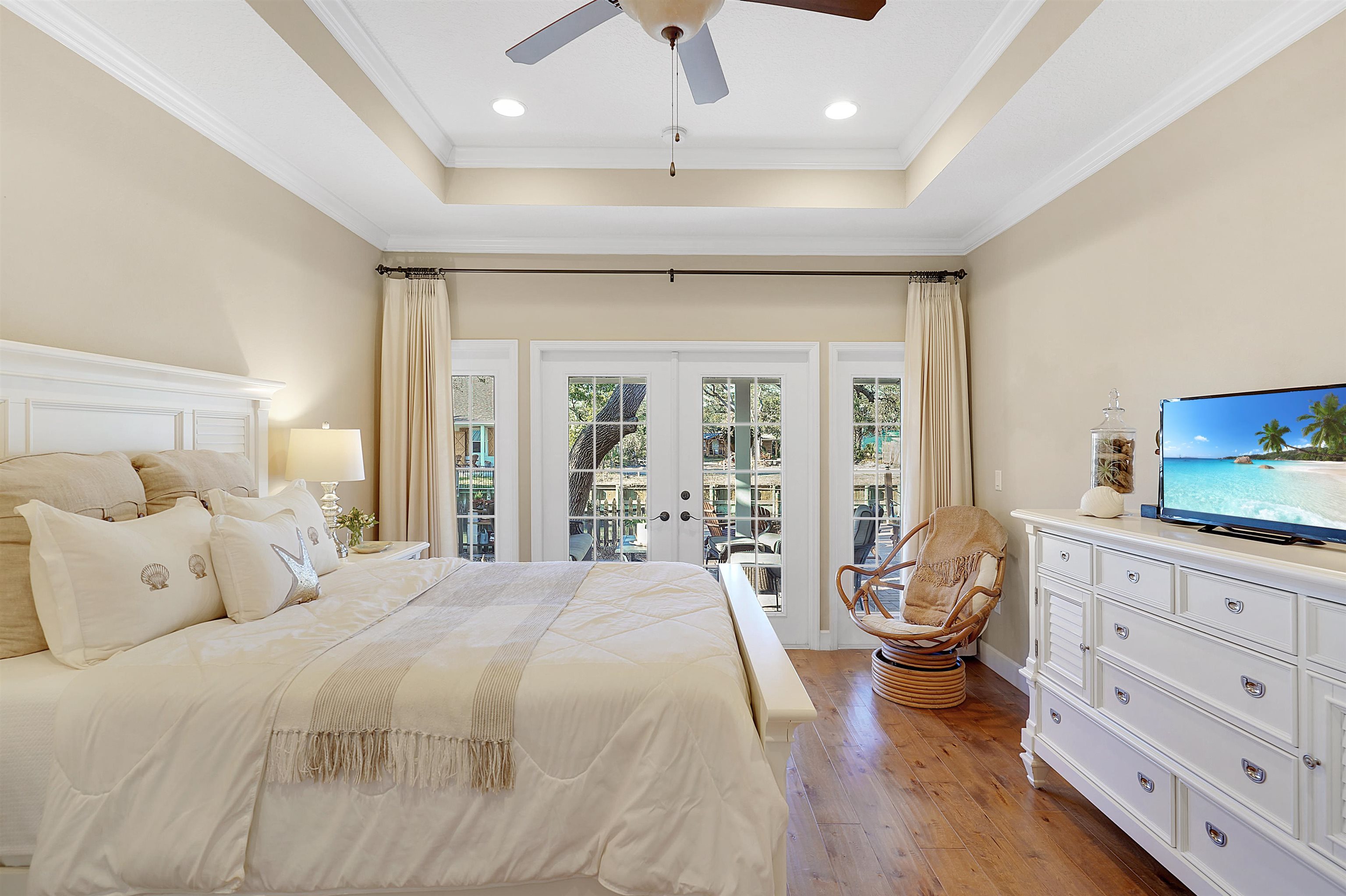 248 Pizarro Road St. Augustine, FL 32080 - Photo 26 of 53 Bedroom with french doors, access to outside, wood-type flooring, recessed lighting, and a ceiling fan