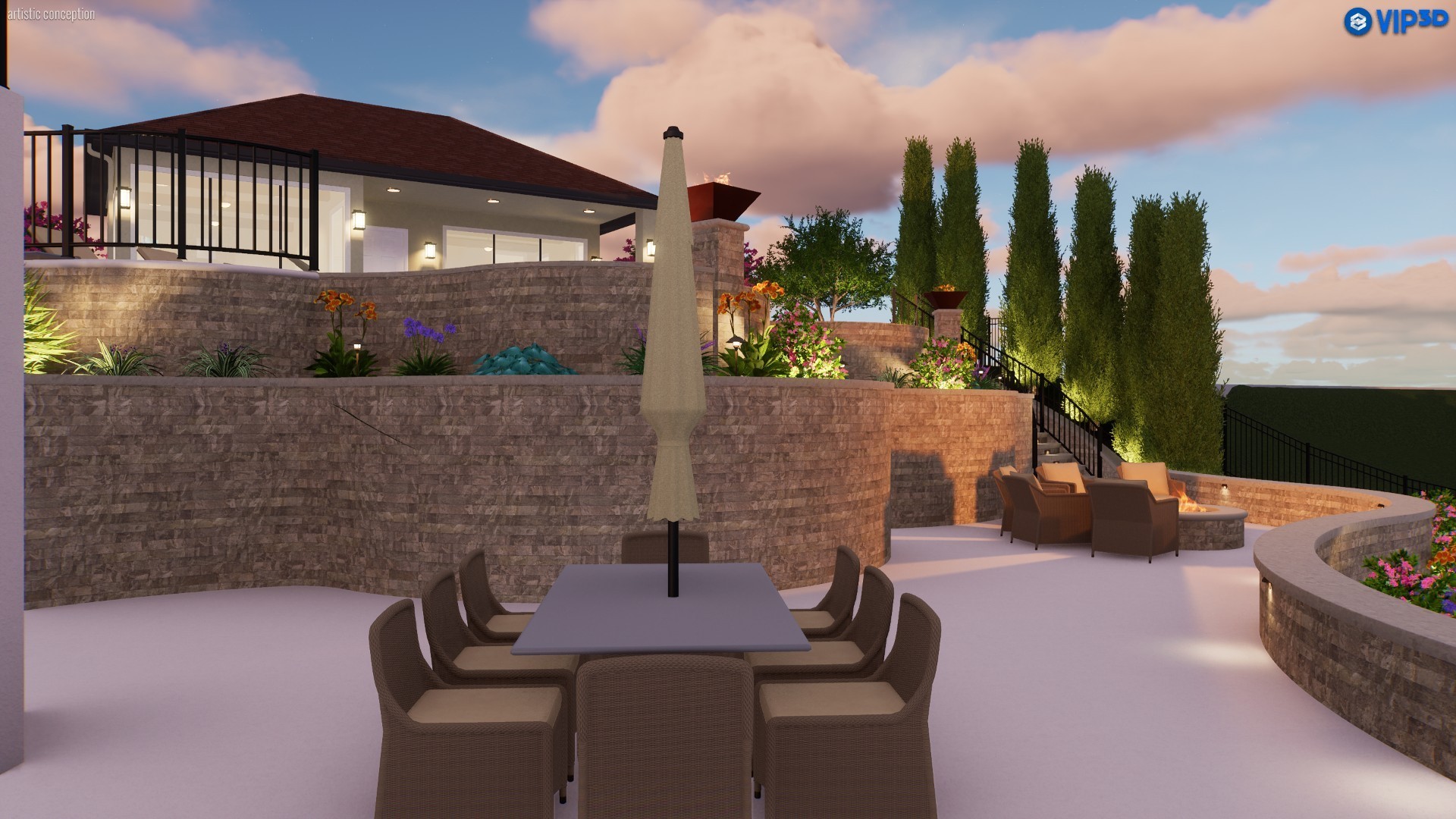 10896 Decatur Street Willis, TX 77318 - Photo 50 of 50 Rendering of outdoor patio with modern seating, elegant stone walls, and lush greenery, perfect for entertaining with its ambient lighting and scenic views—offering a seamless blend of comfort and style.