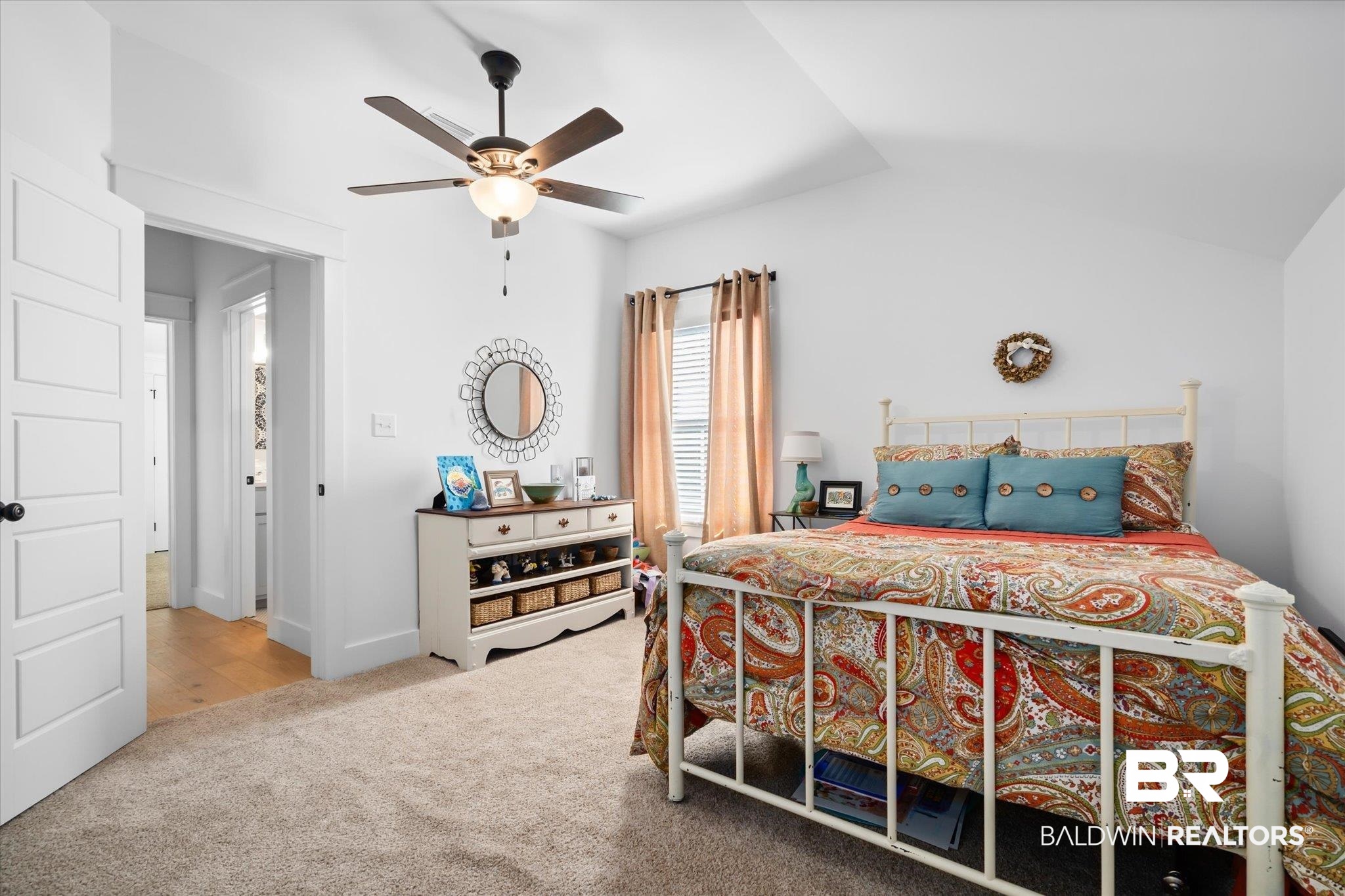 15 Semmes Avenue Mobile, AL 36604 - Photo 16 of 43 Bedroom with ceiling fan, light carpet, and vaulted ceiling