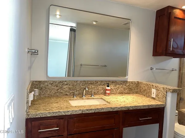 a bathroom with a granite countertop sink a toilet and shower