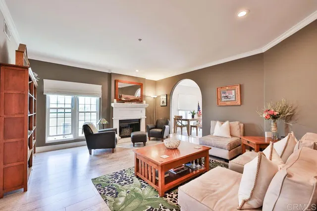 a living room with furniture a rug and a fireplace