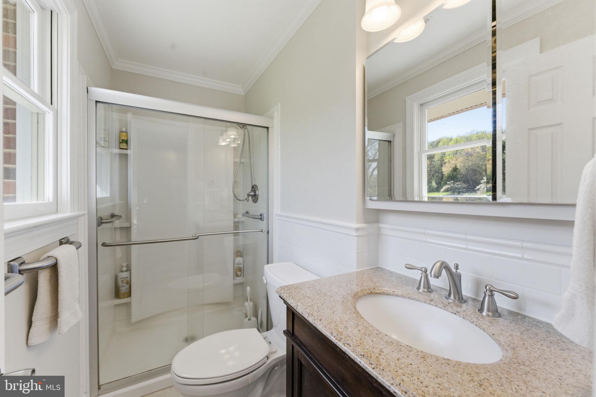 6163 Georgetown Road Broad Run, VA 20137 - Photo 31 of 94 a bathroom with a granite countertop sink toilet a mirror and shower