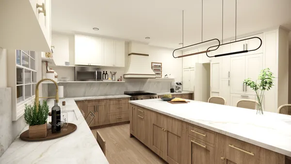 a large kitchen with a table and chairs