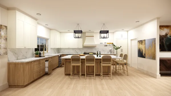 a kitchen with a kitchen island wooden floor cabinets and appliances
