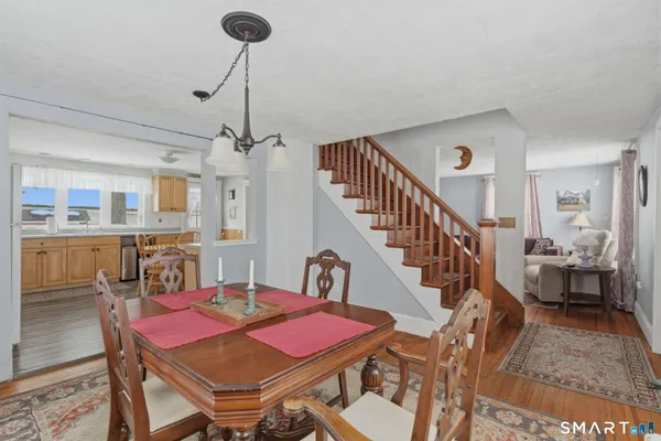 a view of a dining room with furniture
