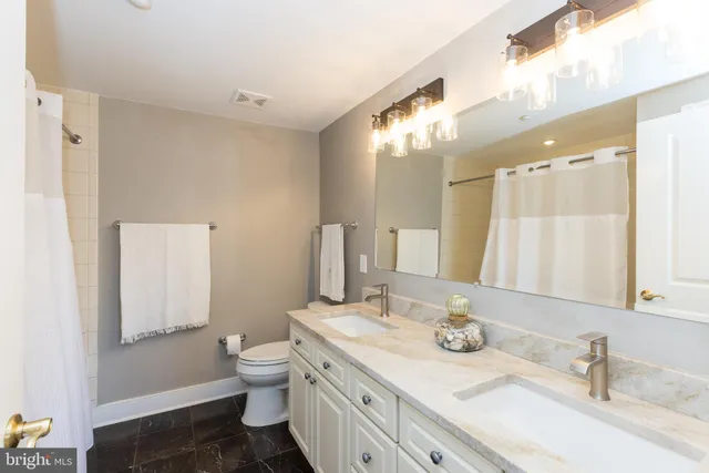 a bathroom with a double vanity sink toilet and a mirror