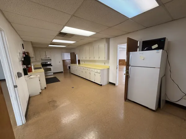 a storage room with cabinets