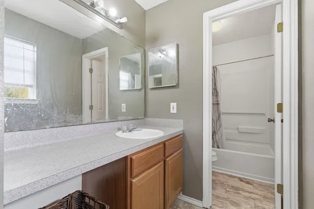 a bathroom with a sink and a mirror