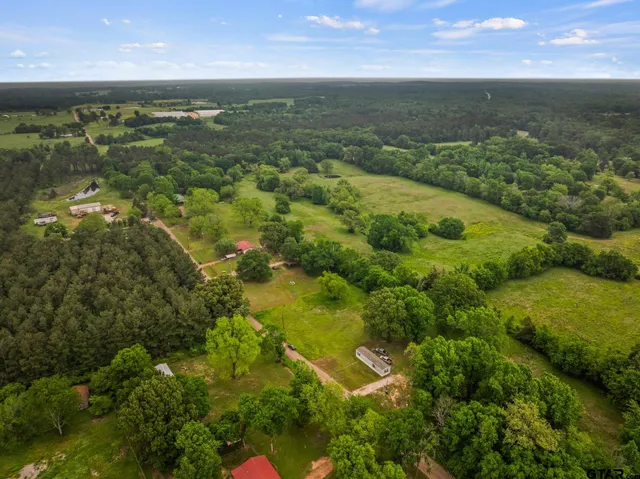 an aerial view of residential houses with outdoor space and trees