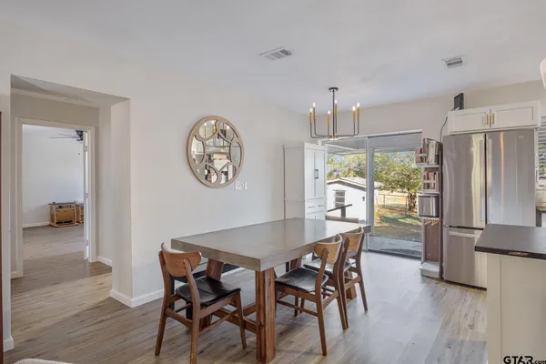 a view of a dining room with furniture window and wooden floor