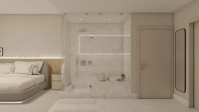 a bathroom with a tub sink and mirror