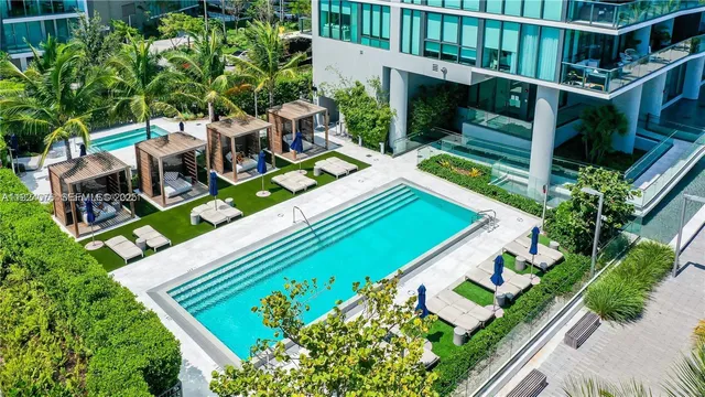 a swimming pool with tall buildings and city view