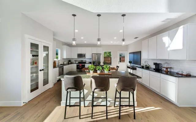 a view of a dining room with furniture