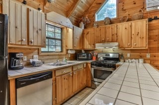 101 Moonshine Mountain Road Mineral Bluff, GA 30559 - Photo 13 of 70 a kitchen with stainless steel appliances a stove sink and cabinets