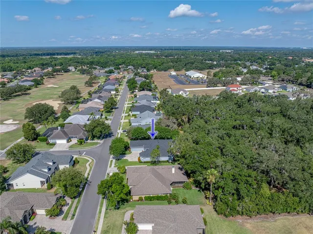an aerial view of residential houses with outdoor space and lake view