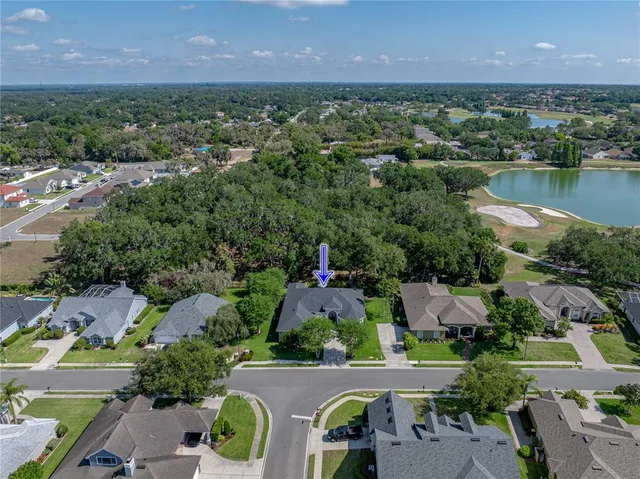 an aerial view of residential houses with outdoor space and river