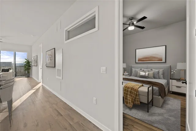 a view of a living room and bathroom