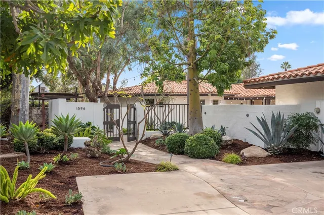 a view of a potted plants and large trees