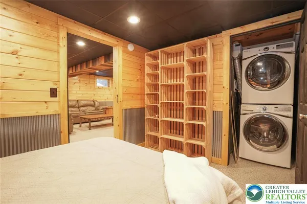 a view of a projector room with a table and chairs